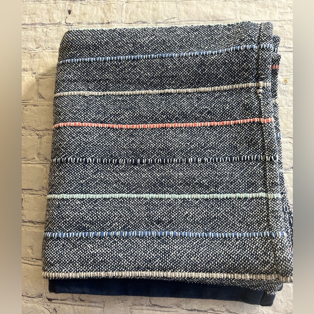 MAX STUDIO HOME 100% COTTON BLUE STRIPPED MULTI COLORED THROW NAVY TRIM